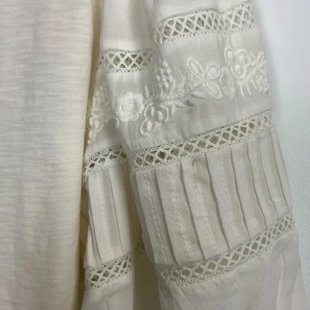 Loft Shirt Womens Size Small Cream Puff Sleeve Embroidered Cotton Blouse NWT